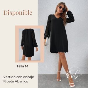 Vestido Negro con Encaje Ribete en Abanico - Talla M