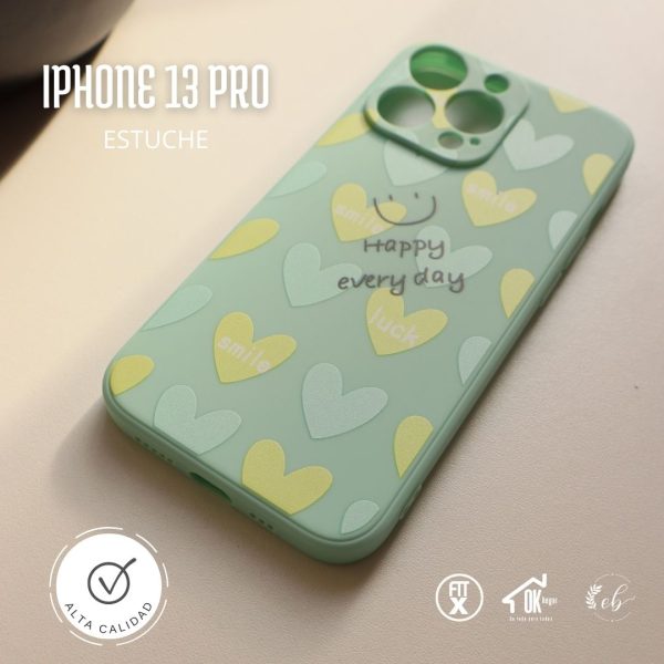 Estuche para Iphone 13 pro - motivo corazones de colores con frase en ingles happy every day