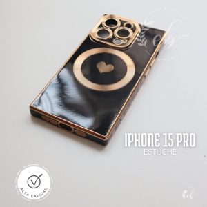 Estuche para iPhone 15 Pro - Fondo Negro con Toques Dorados y Corazón en el Centro
