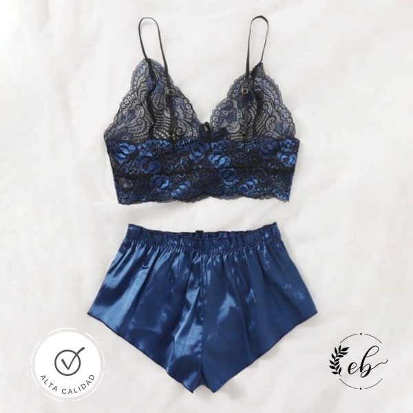 Conjunto de pijama de satén de 2 piezas para mujer, brasier de encaje floral, pantalones cortos sedosos, ropa de dormir cómoda - Image 2