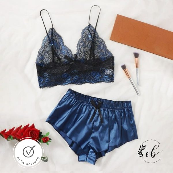 Conjunto de pijama de satén de 2 piezas para mujer, brasier de encaje floral, pantalones cortos sedosos, ropa de dormir cómoda