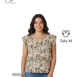 Blusa Floral de Escote V con Volantes - Talla M - Estampado Tierra