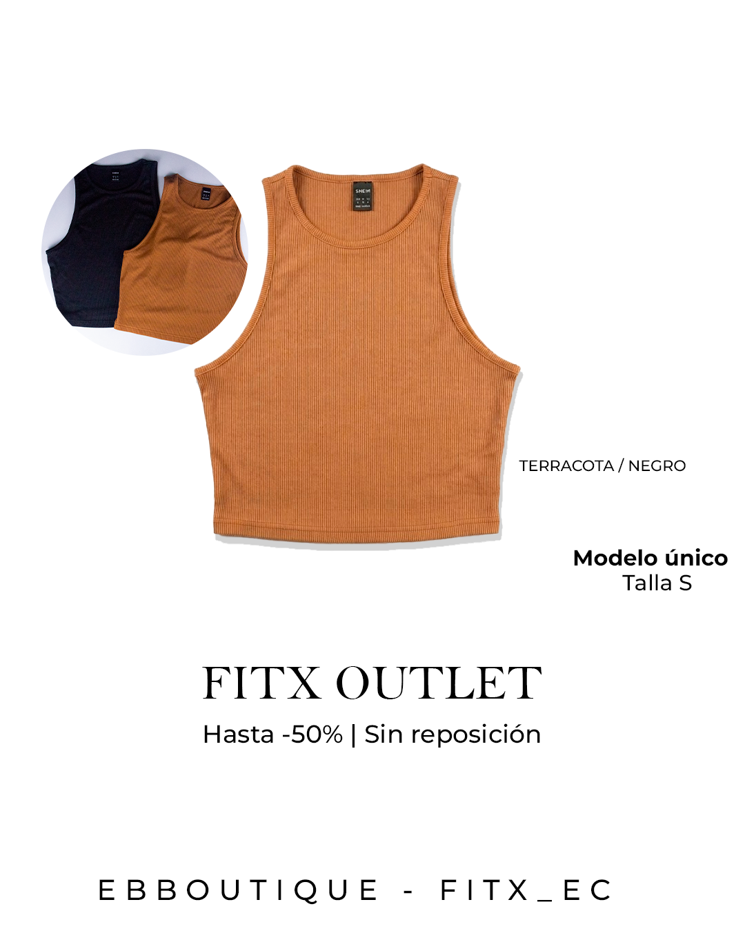 Top Crop Acanalado Mujer sin Mangas – Terracota / Negro | Talla S | FITx Outlet